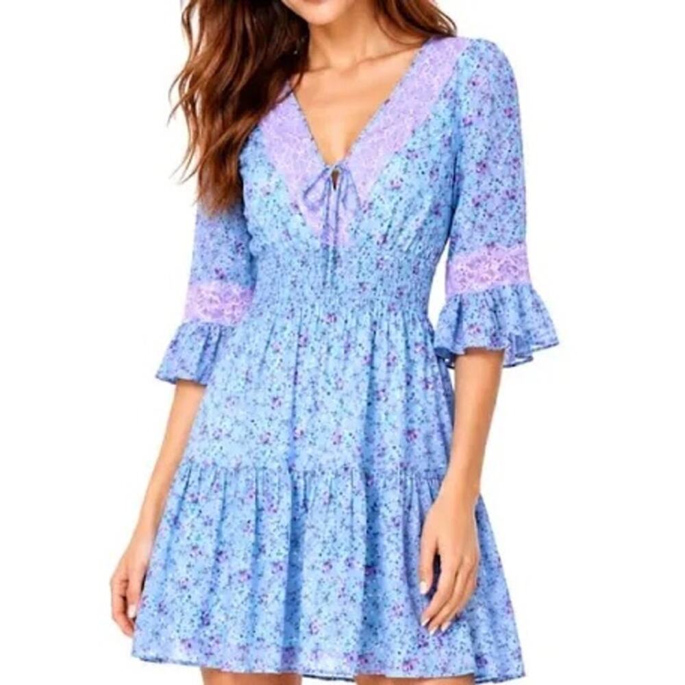 Betsey Johnson Fleur Printed Georgette Dress Blue Lace Mini Babydoll Ruffle L